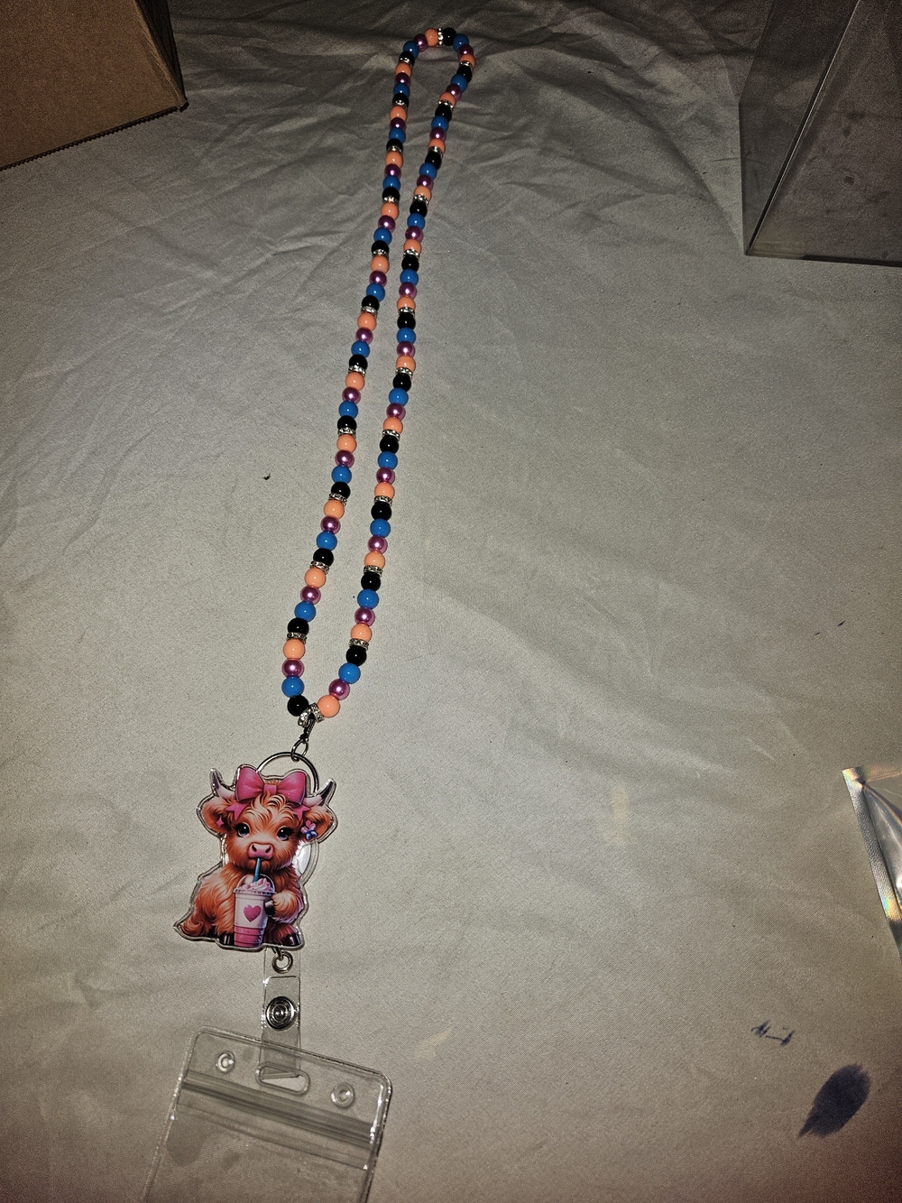 Cute Pink Cow Beaded Lanyard Card Holder